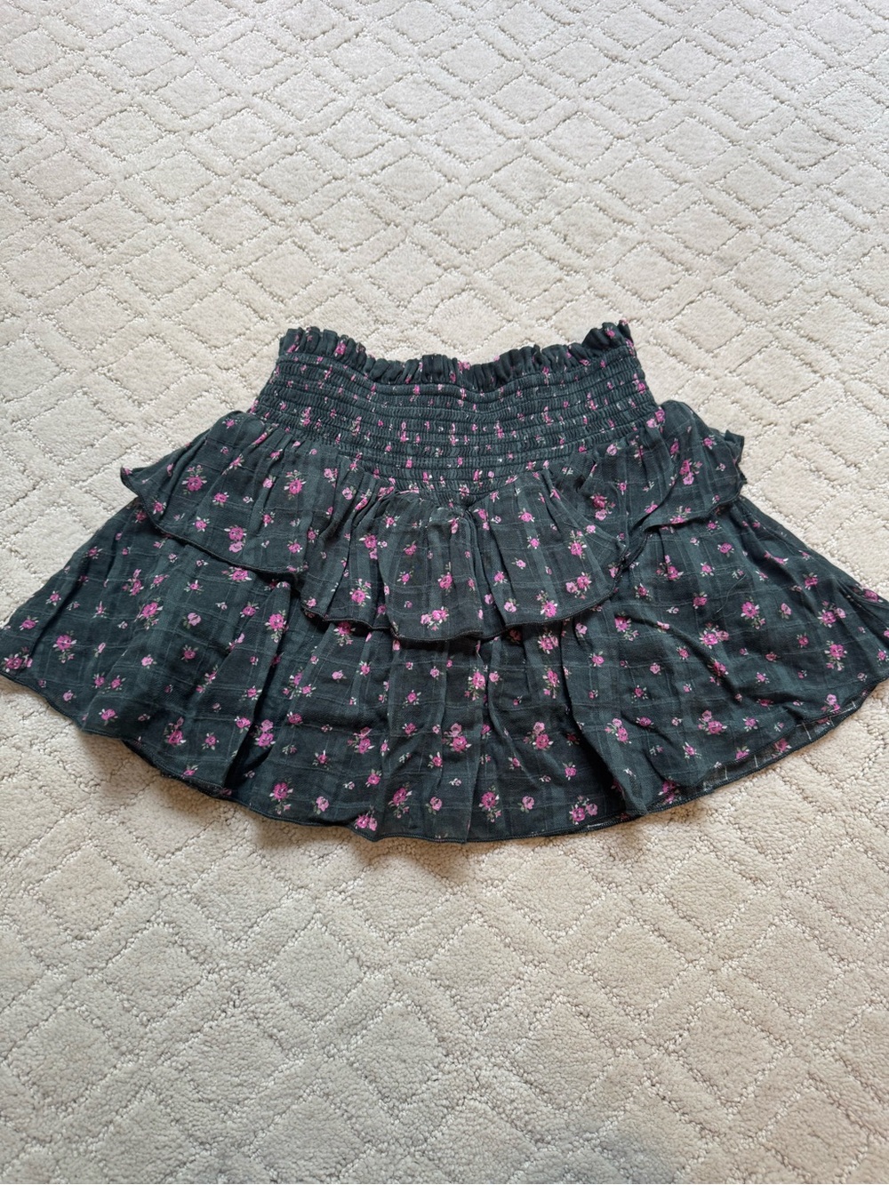 Kids Katie J NYC Linen Green Floral Tiered Mini Skirt.